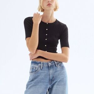 Black Short Sleeved Ribbed Jersey Gold Button Cardigan Chic Classy Work Medium